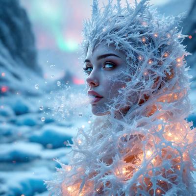 The primary subject of the image is a woman with a flowing white cape, which is adorned with a light-up design. She is wearing a crown of ice and has a blue eye. The setting is a snowy environment, with the woman standing in front of a snowy mountain. The visual style of the image is a combination of photo and digital art, creating a unique and captivating scene. The colors and mood of the image are predominantly white and cold, with the woman's blue eye